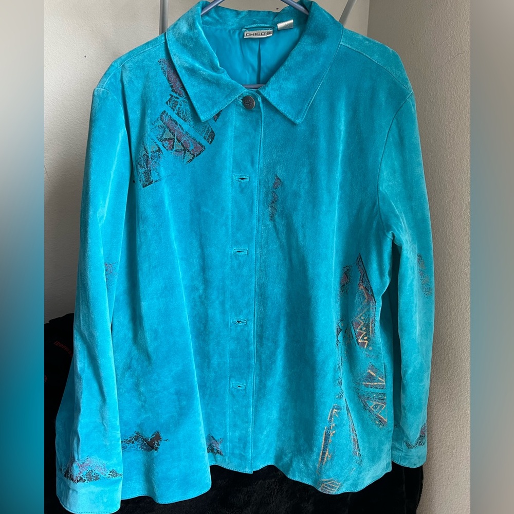 Teal/Blue 100% Leather Blazer/Jacket with South Western/Aztec Prints w/pockets